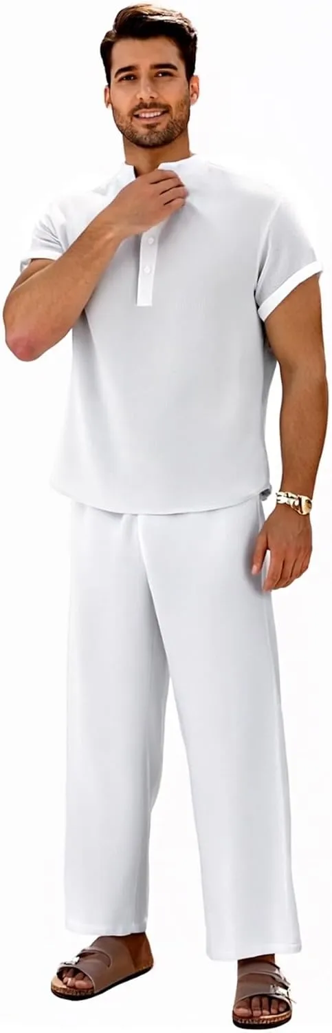 GORGLITTER Men's Linen Suit 2 Piece Set Beach Casual Short Sleeve Henley Shirts Loose Long Pants Summer Vacation Outfits