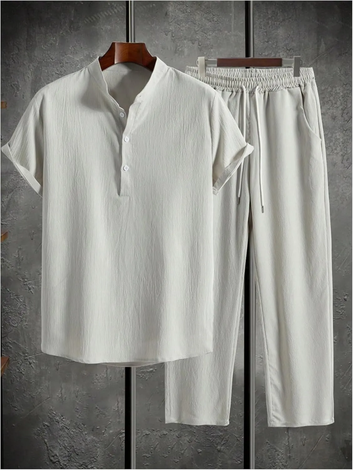 GORGLITTER Men's Linen Suit 2 Piece Set Beach Casual Short Sleeve Henley Shirts Loose Long Pants Summer Vacation Outfits