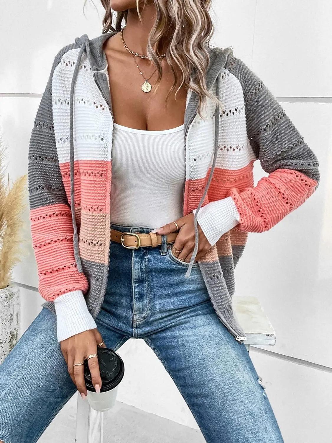 GORGLITTER Women's Colorblock Zip Up Hoodie Jacket Long Sleeve Drawstring Hooded Cardigan Coat