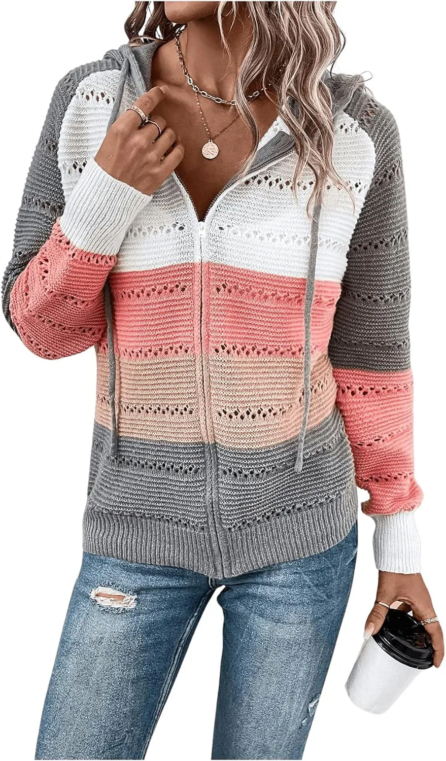 GORGLITTER Women's Colorblock Zip Up Hoodie Jacket Long Sleeve Drawstring Hooded Cardigan Coat