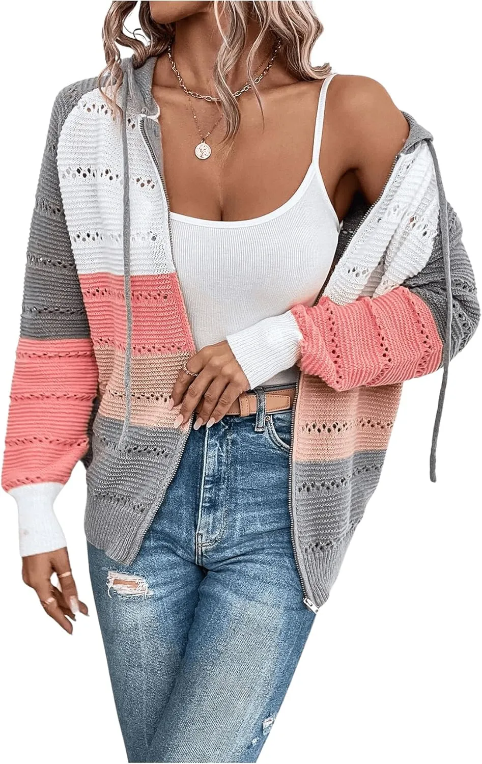 GORGLITTER Women's Colorblock Zip Up Hoodie Jacket Long Sleeve Drawstring Hooded Cardigan Coat