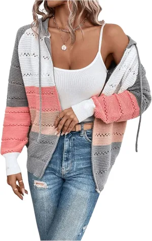 GORGLITTER Women's Colorblock Zip Up Hoodie Jacket Long Sleeve Drawstring Hooded Cardigan Coat