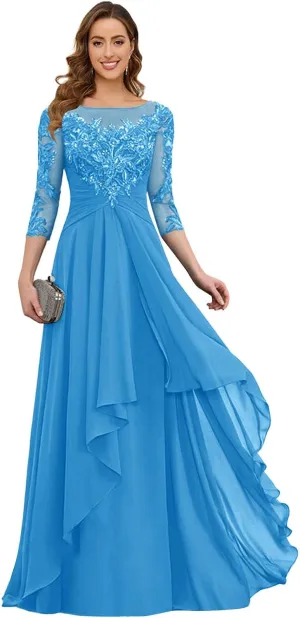 GUKARLEED 3/4 Sleeve Mother of The Bride Dresses for Women Ruffles Chiffon Long Lace Appliques Formal Wedding Guest Dress