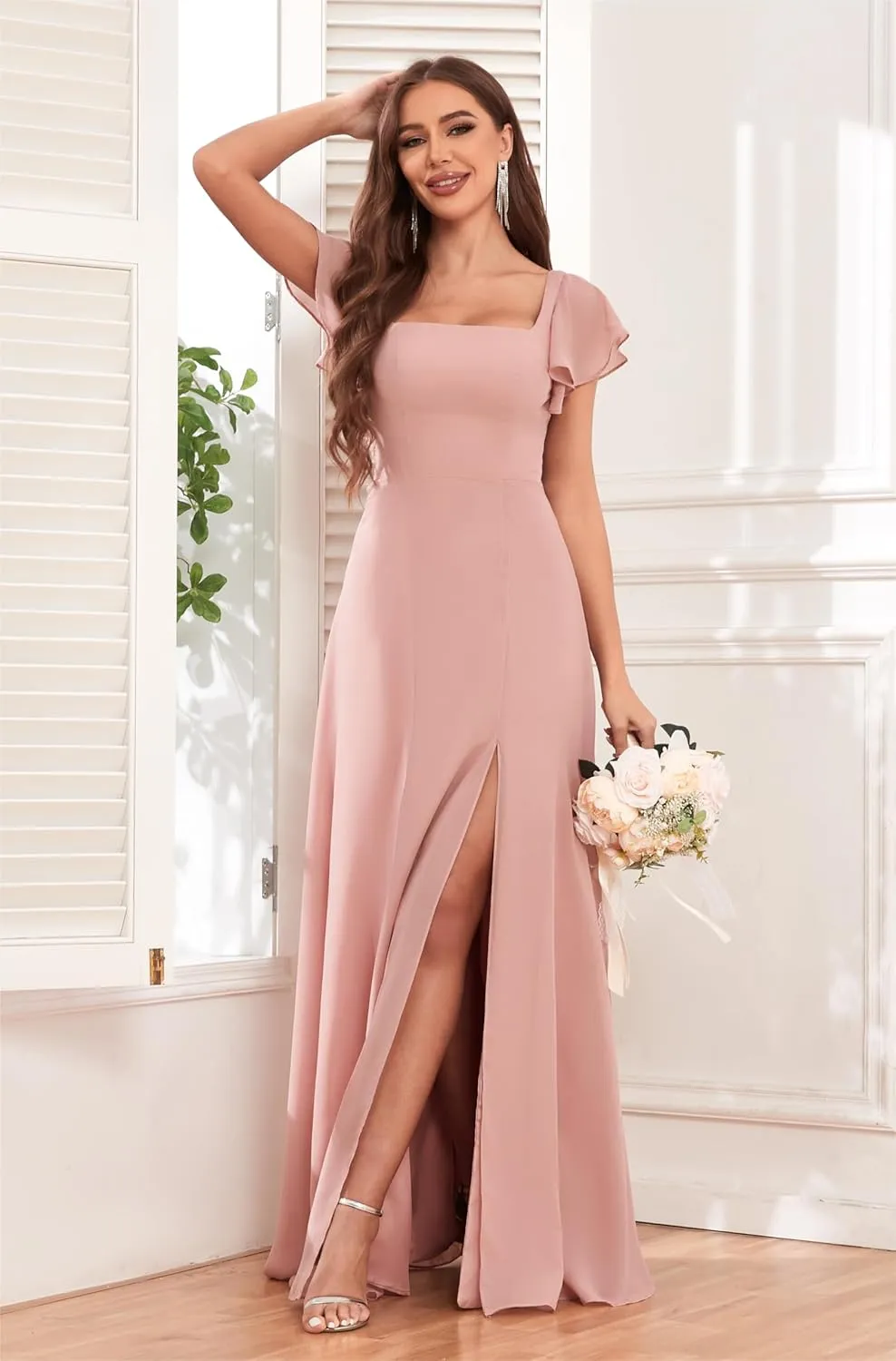 GUKARLEED Square Neck Bridesmaid Dresses with Short Sleeves Chiffon Formal Dress High Slit Wedding Guest Evening Dress