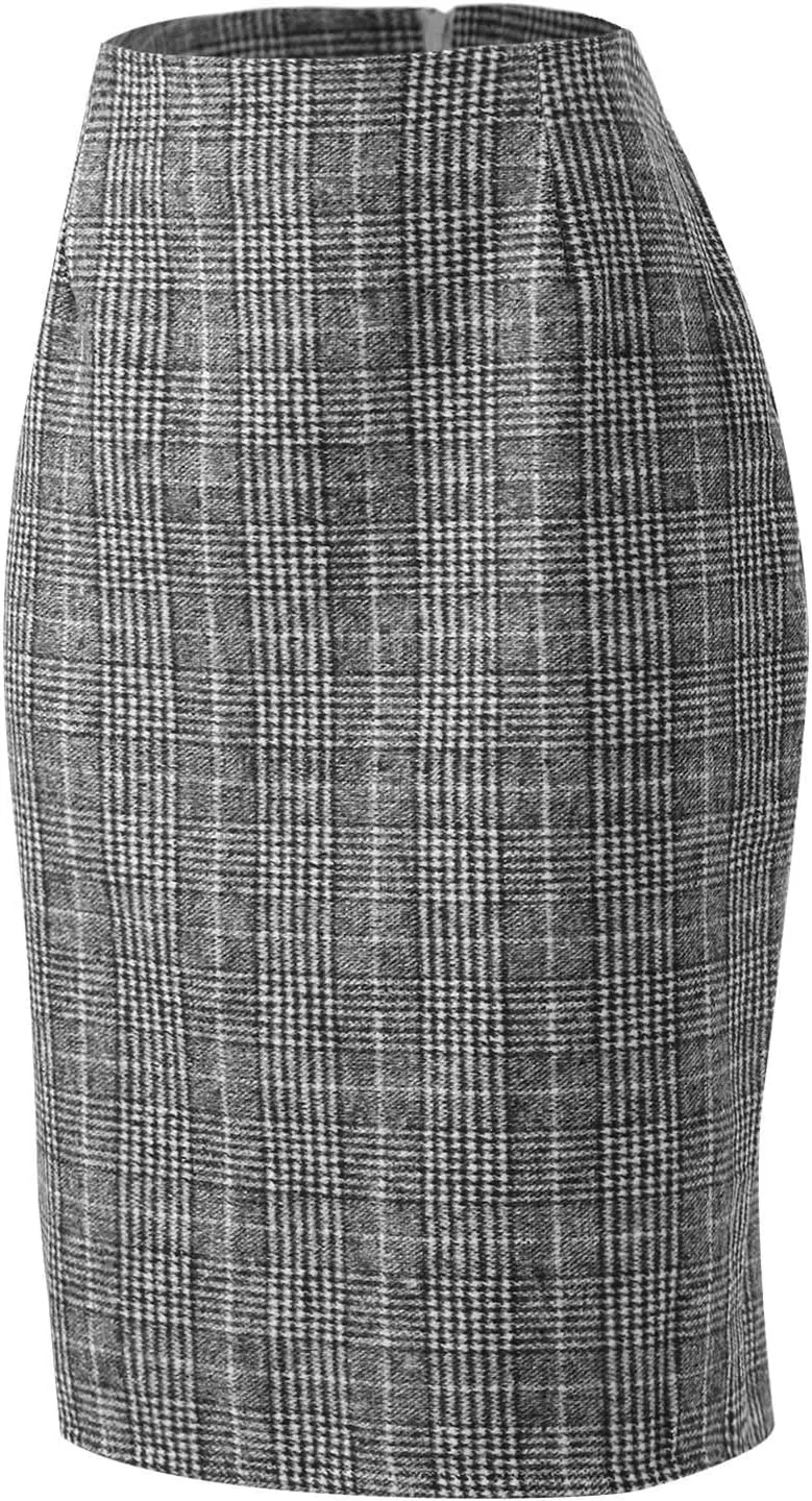 High Waisted Dancing Girls Tutu Skirts Bodycon Knee Length Pencil Plaid Skirts for Women Fall Winter Midi Skirt with Slit