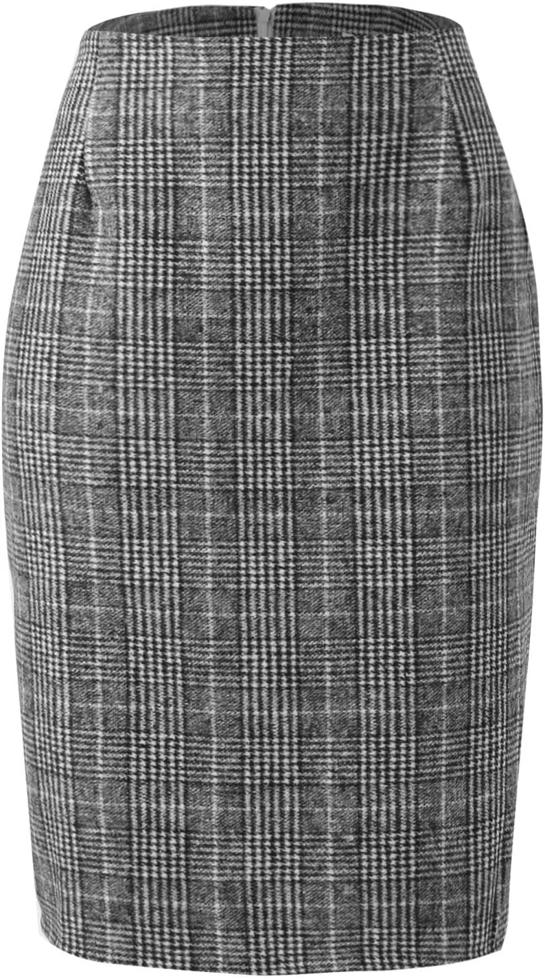 High Waisted Dancing Girls Tutu Skirts Bodycon Knee Length Pencil Plaid Skirts for Women Fall Winter Midi Skirt with Slit