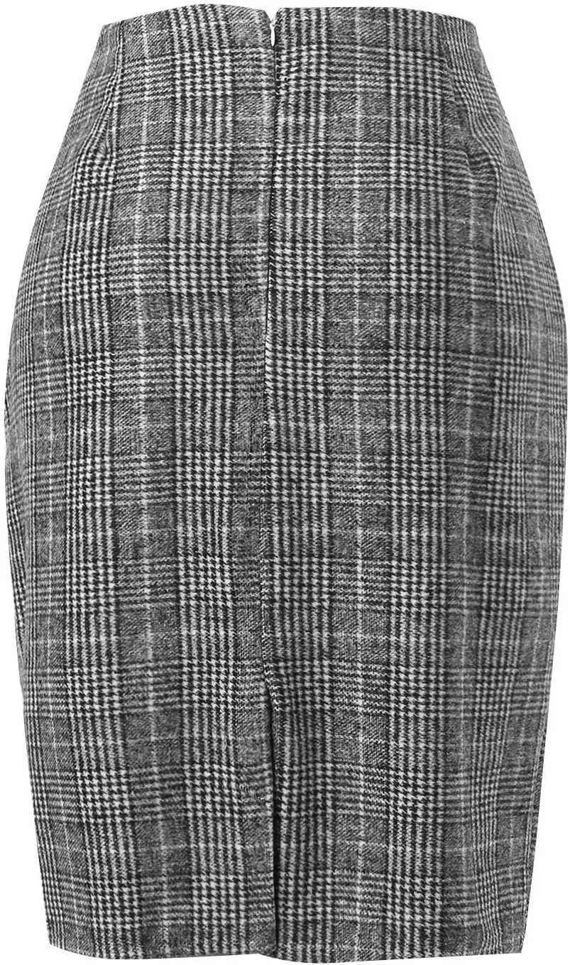 High Waisted Dancing Girls Tutu Skirts Bodycon Knee Length Pencil Plaid Skirts for Women Fall Winter Midi Skirt with Slit