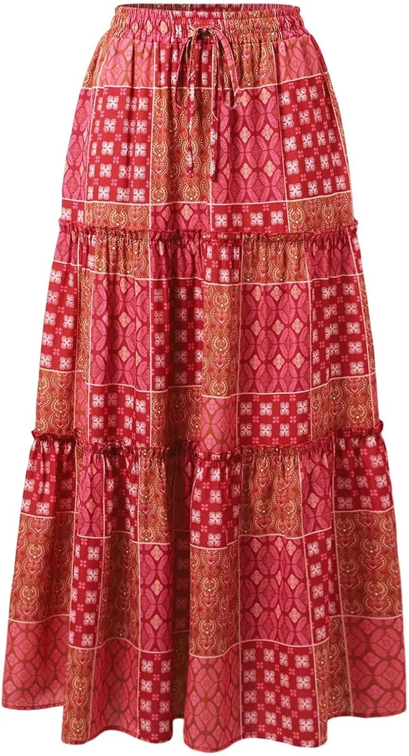 High Waisted Skirts for Women Boho Elastic Waisted Flowy Lightweight Skirt Drawstring Baggy Trendy Skorts with Pockets