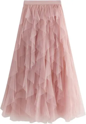 Hotmiss Women's Tulle Skirt Formal High Low Asymmetrical Midi Tea-Length Elastic Waist Tiered Layered Party Skirts