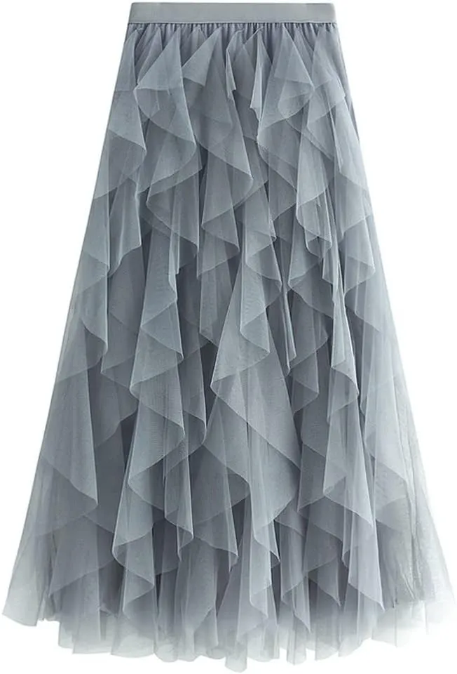 Hotmiss Women's Tulle Skirt Formal High Low Asymmetrical Midi Tea-Length Elastic Waist Tiered Layered Party Skirts