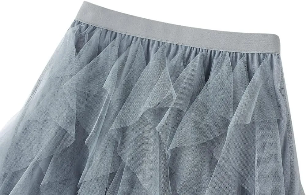 Hotmiss Women's Tulle Skirt Formal High Low Asymmetrical Midi Tea-Length Elastic Waist Tiered Layered Party Skirts