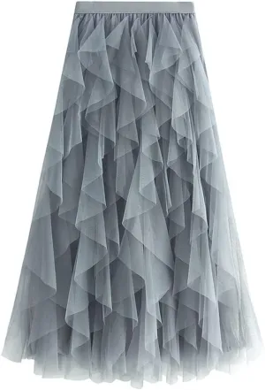 Hotmiss Women's Tulle Skirt Formal High Low Asymmetrical Midi Tea-Length Elastic Waist Tiered Layered Party Skirts