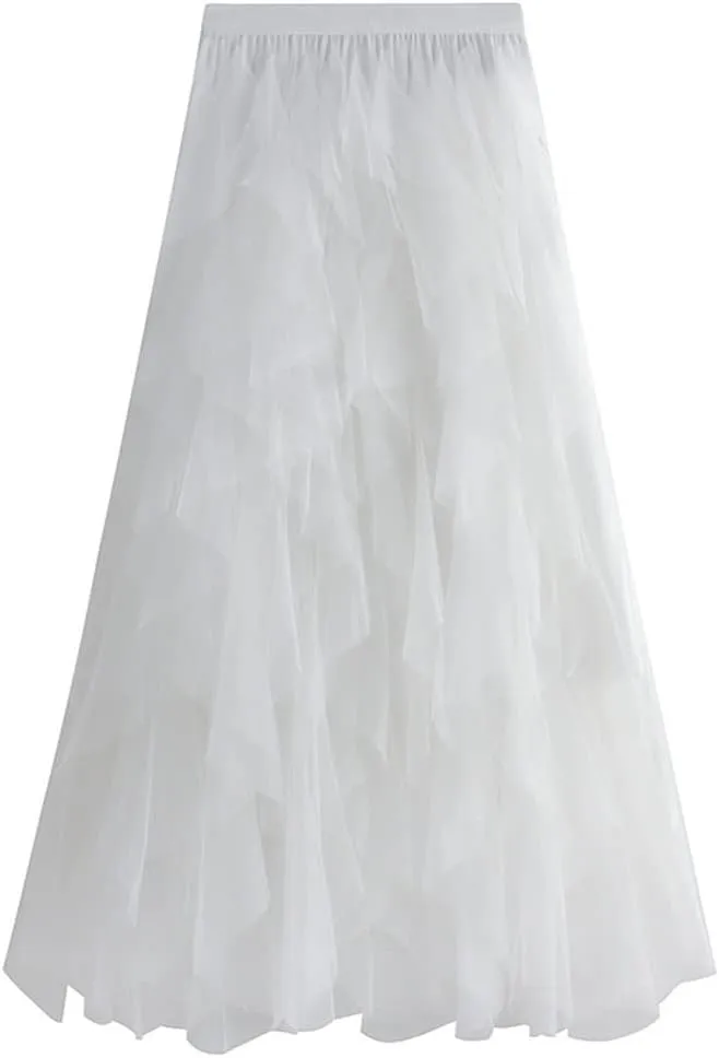 Hotmiss Women's Tulle Skirt Formal High Low Asymmetrical Midi Tea-Length Elastic Waist Tiered Layered Party Skirts