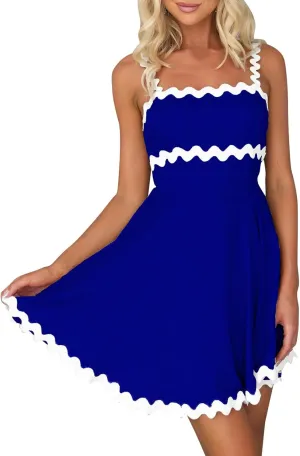 IDOPIP Women Summer Boho Mini Dress Smocked Empire Waist Rickrack Trim Flowy Sundress Spaghetti Straps A-Line Swing Dress