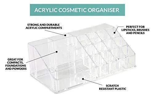 INOVERA (LABEL) 16 Compartment Cosmetic Makeup Jewellery Lipstick Storage Organizer Holder Box, 21.2L x 12.5W x 7.8H, Transparent