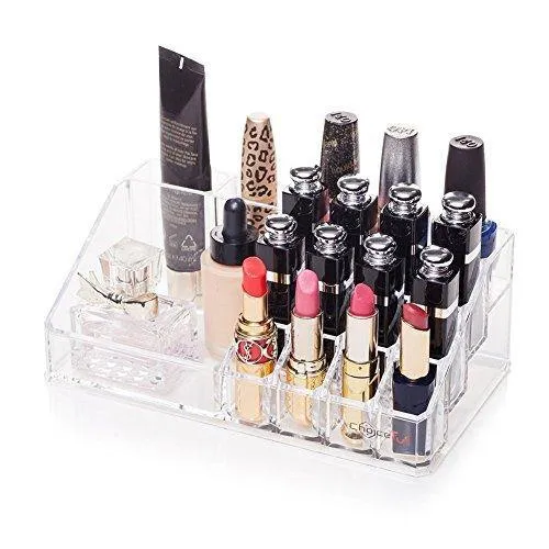INOVERA (LABEL) 16 Compartment Cosmetic Makeup Jewellery Lipstick Storage Organizer Holder Box, 21.2L x 12.5W x 7.8H, Transparent