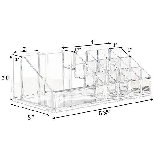 INOVERA (LABEL) 16 Compartment Cosmetic Makeup Jewellery Lipstick Storage Organizer Holder Box, 21.2L x 12.5W x 7.8H, Transparent