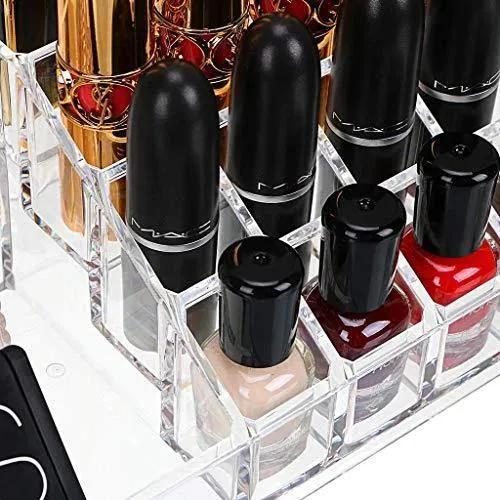 INOVERA (LABEL) 16 Compartment Cosmetic Makeup Jewellery Lipstick Storage Organizer Holder Box, 21.2L x 12.5W x 7.8H, Transparent