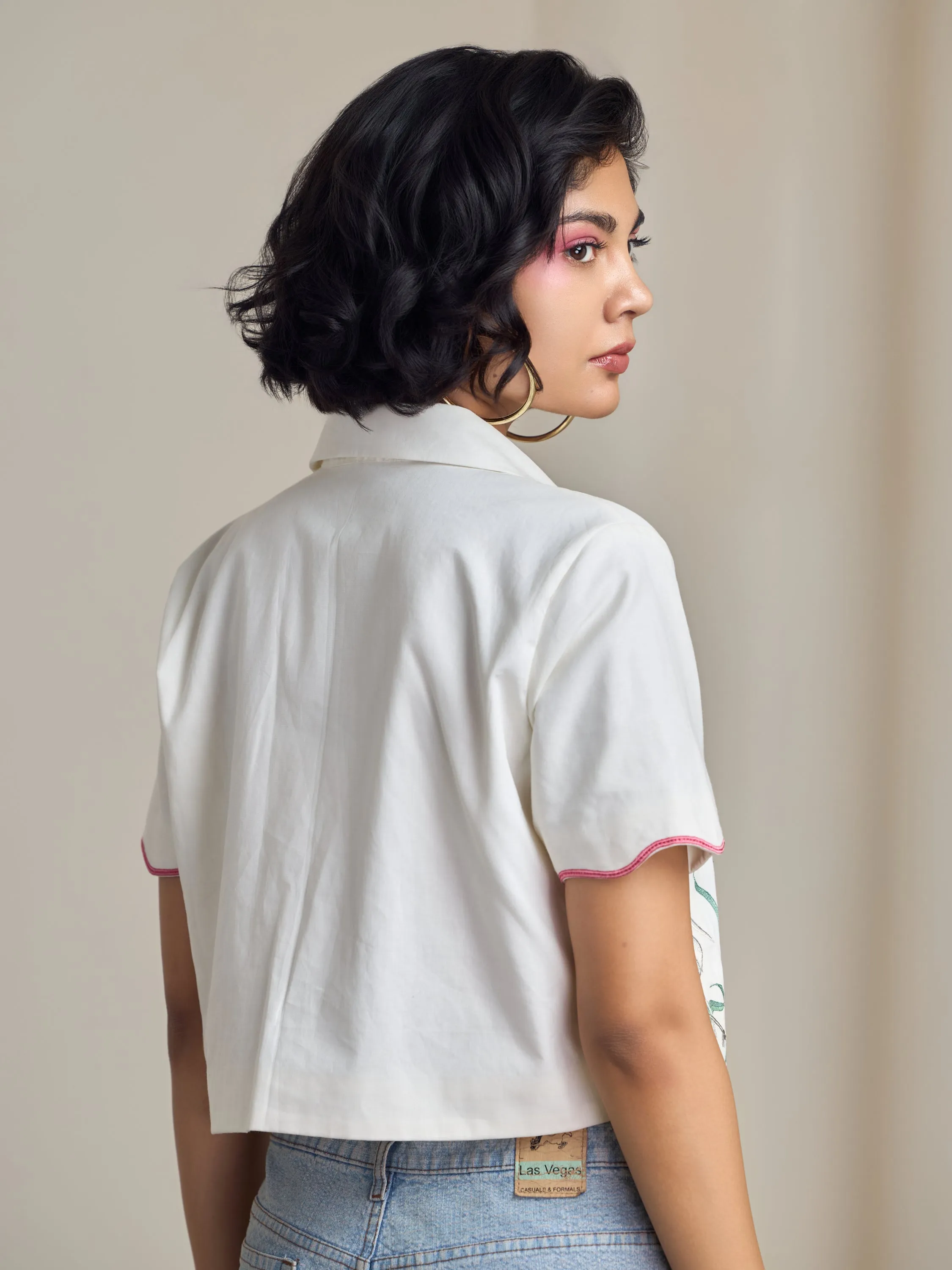 Ivory Flamingo Crop Shirt