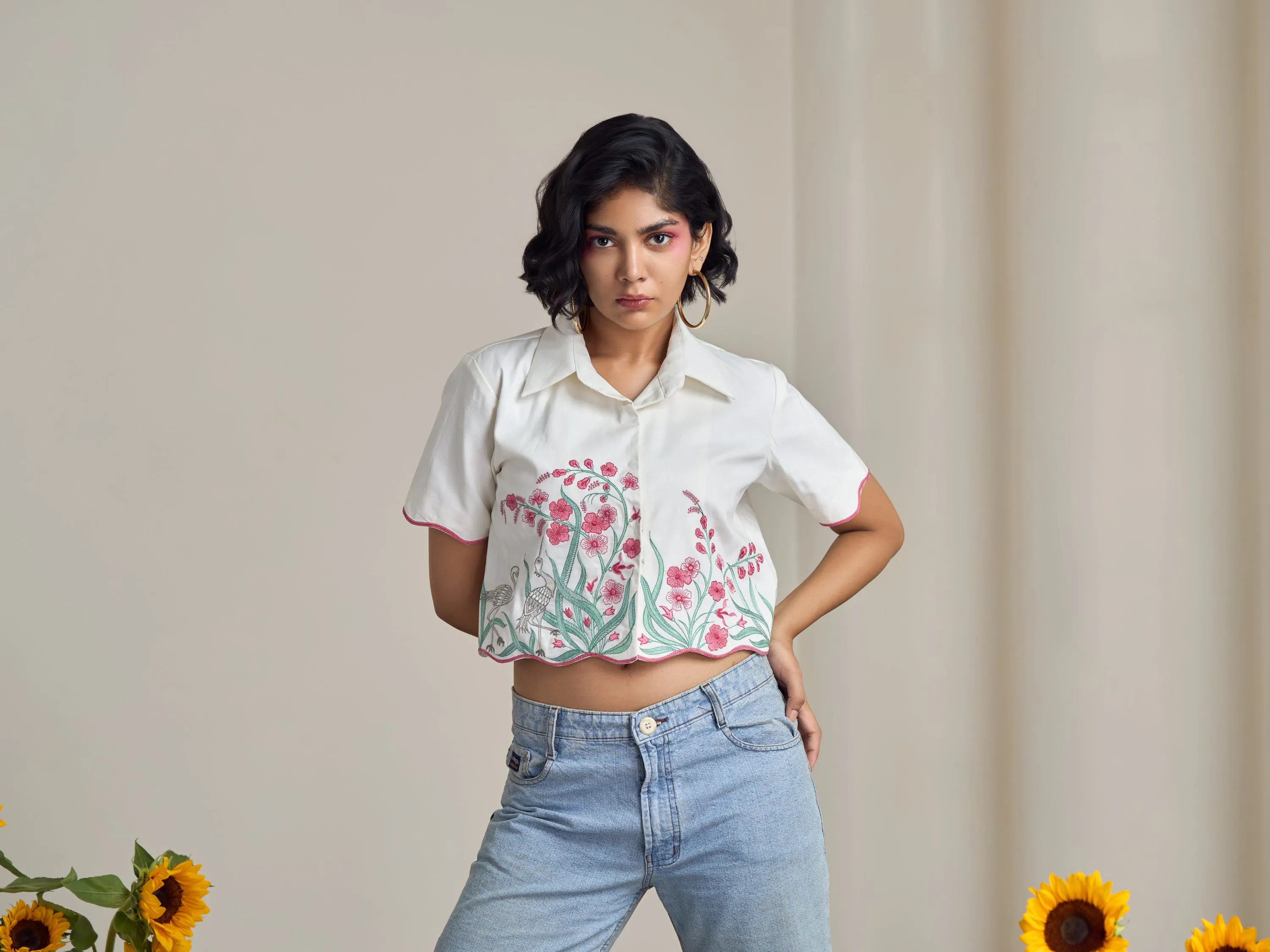 Ivory Flamingo Crop Shirt