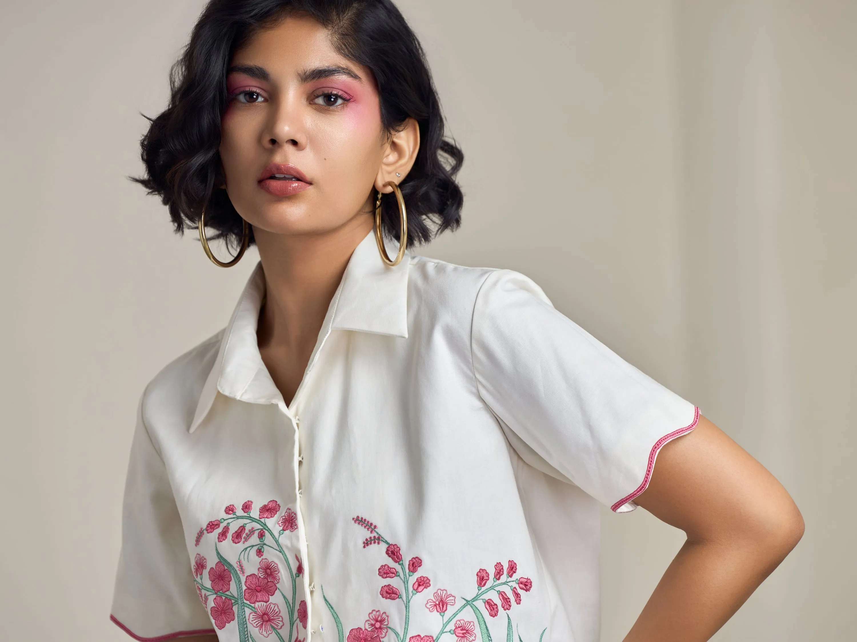 Ivory Flamingo Crop Shirt