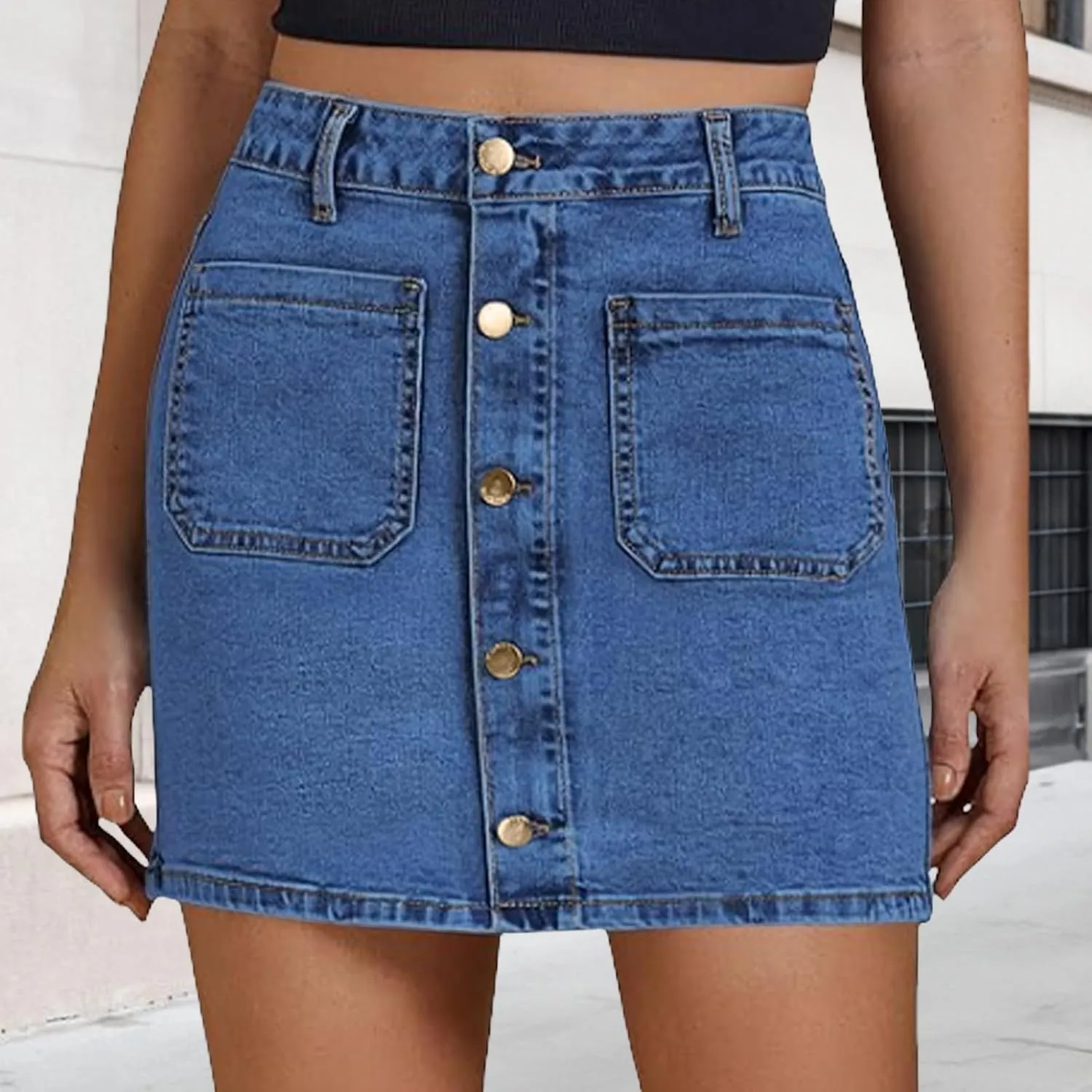 Jean Skirts for Women Denim High Waisted Trendy Stretchy Button Front Short Pencil Skirt with Patch Summer Fashion
