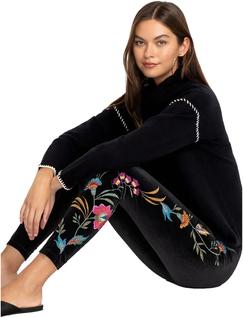 Johnny Was Sidonia Velvet Stretch Leggings Pant Floral Embroidery Black New