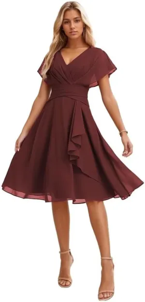 Junior Bridesmaid Dresses Plus Size Chiffon Wedding Dress Flowy V Neck Short Evening Dresses for Women