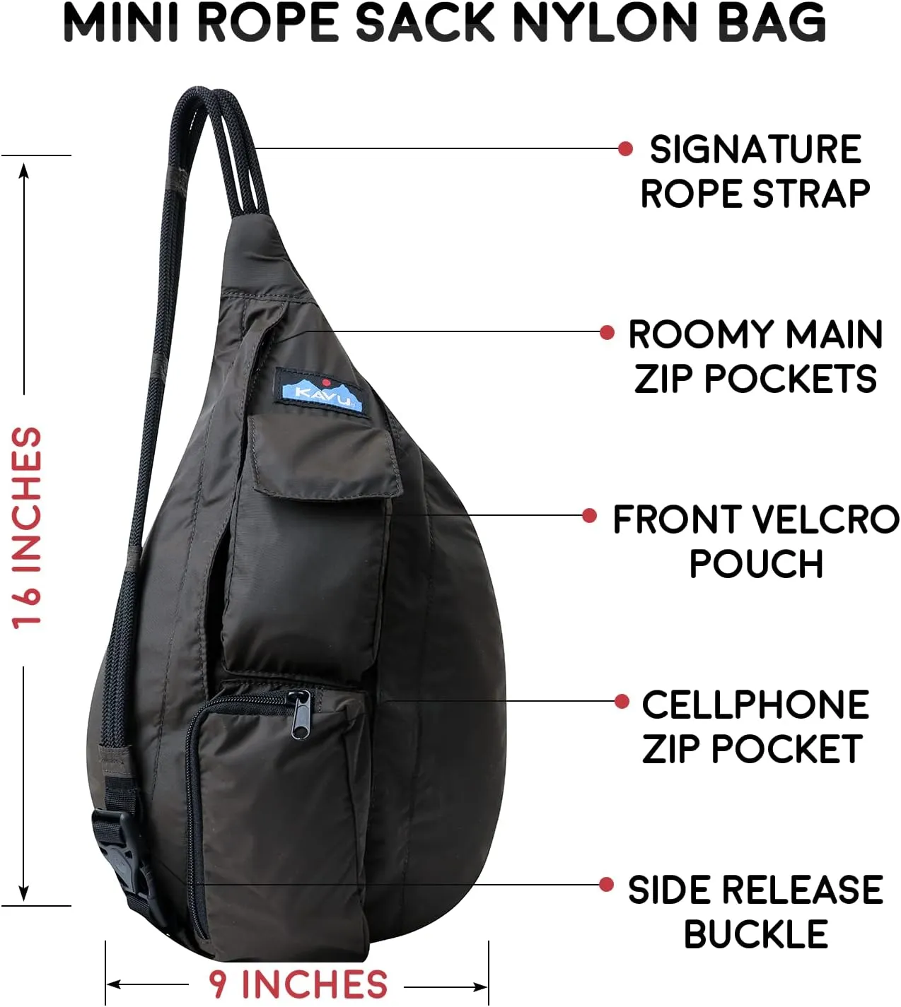 KAVU Mini Rope Sack Sling Crossbody Backpack - Blackout