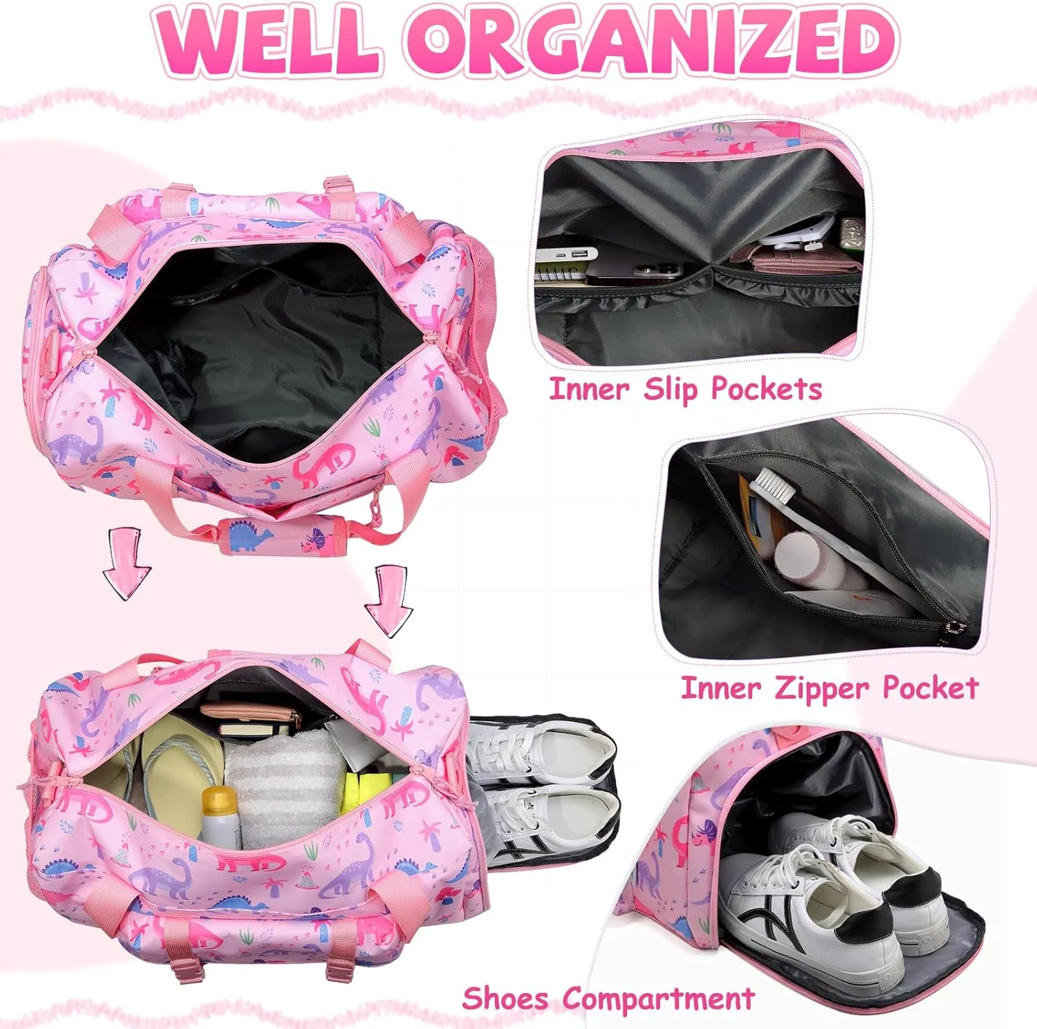 Kids Overnight Duffel Bags,Kasqo Girls Dance Bag Water Resistant Sports Gym Ballet Bag for Teens Sleepover Travel Bag Weekender Carry On Tote with Shoes Compartment Dry Wet Pocket,Pink Dinosaur