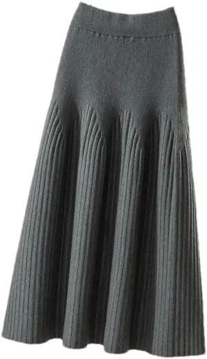 Knitted Skirt Women Casual Solid A Line High Waist Pleated Midi Long Skirt Female Ladies