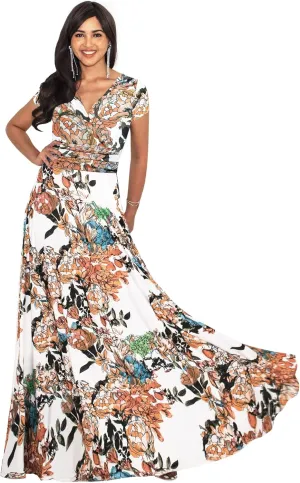 KOH KOH Womens Long Floral Print Cap Sleeve Modest Flowy Summer Maxi Dress Gown