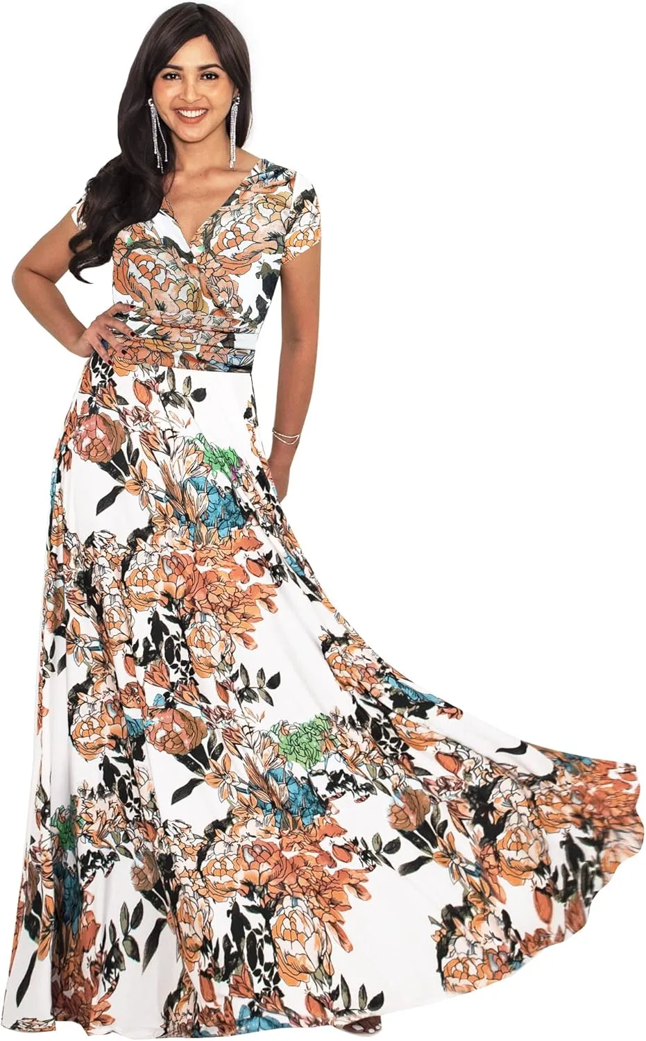 KOH KOH Womens Long Floral Print Cap Sleeve Modest Flowy Summer Maxi Dress Gown