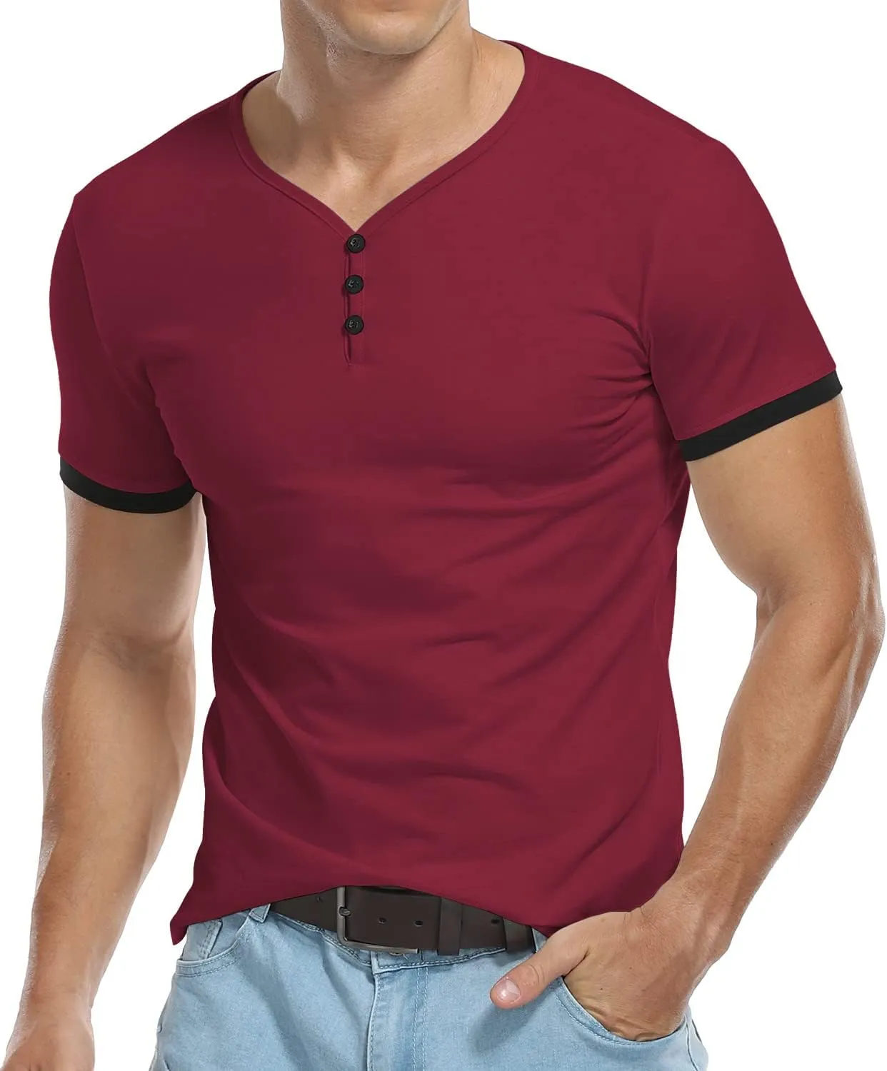 KUYIGO Men's Henley Shirts Short Long Sleeve Casual Summer Slim Fit Cotton Shirt
