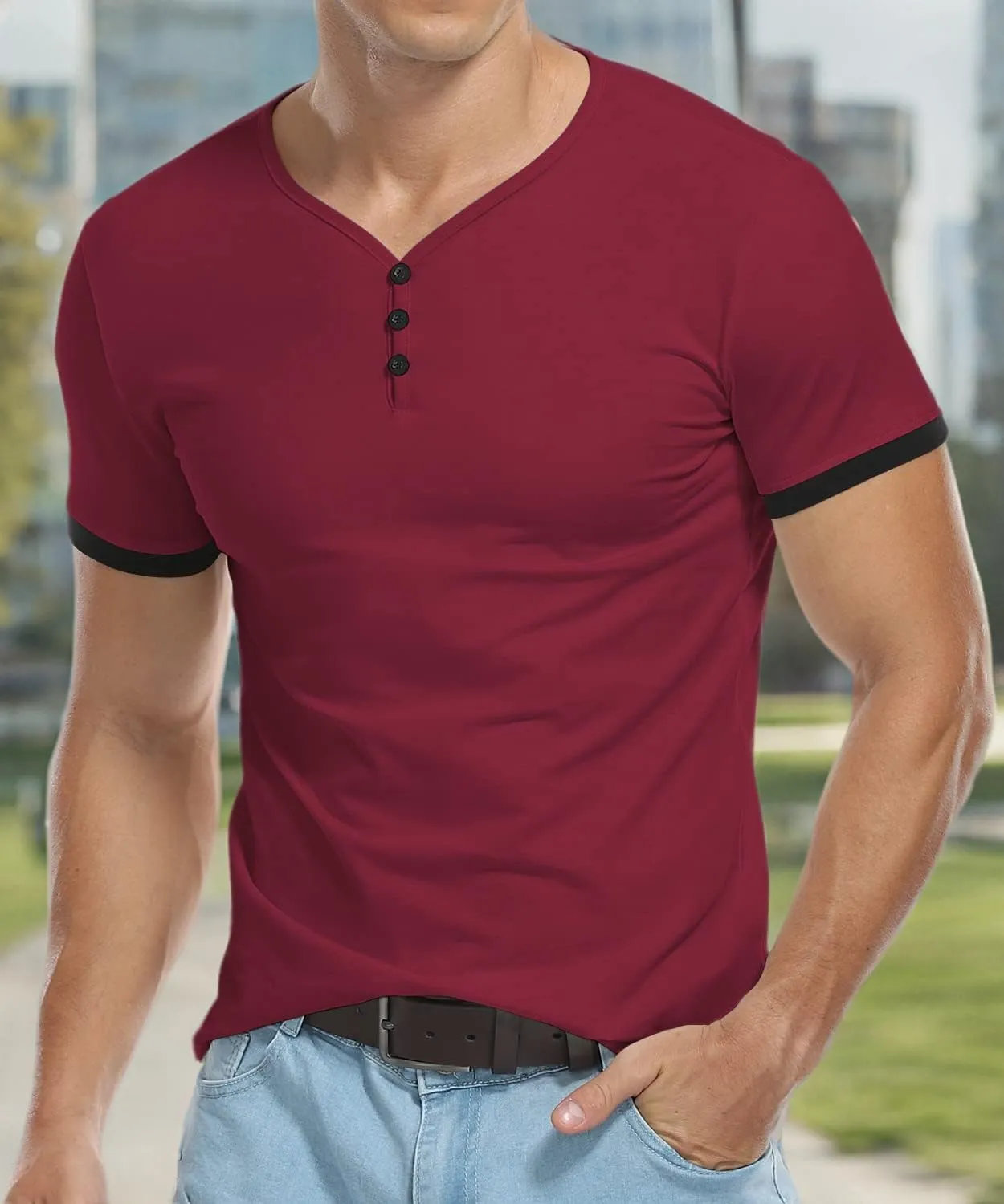 KUYIGO Men's Henley Shirts Short Long Sleeve Casual Summer Slim Fit Cotton Shirt