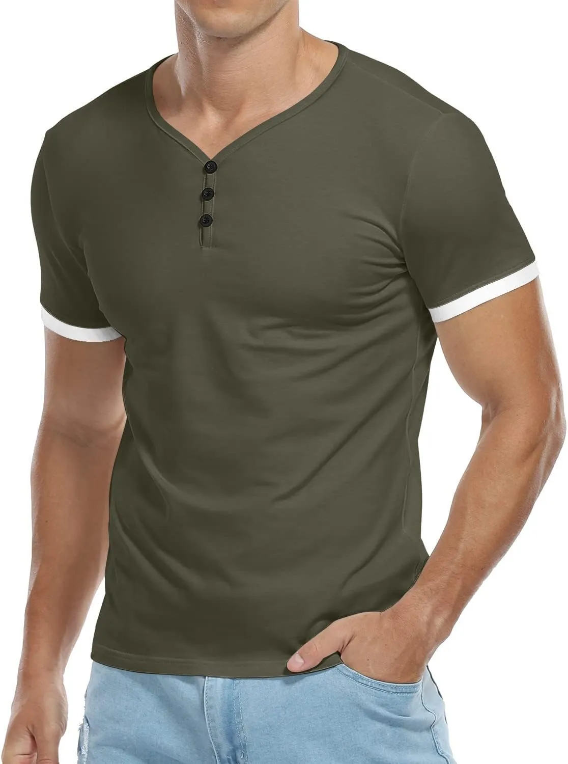 KUYIGO Men's Henley Shirts Short Long Sleeve Casual Summer Slim Fit Cotton Shirt