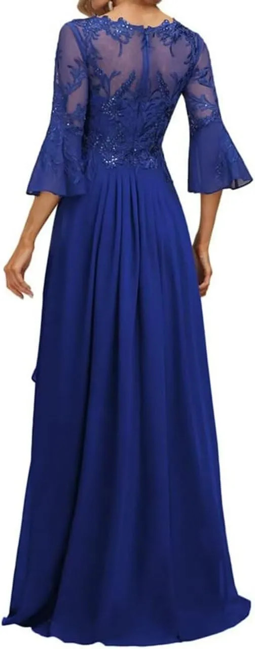 Lace Sequin Mother of The Bride Dress Chiffon Evening Dress Long Mother of The Groom Dresses with Bell Sleeves MK46