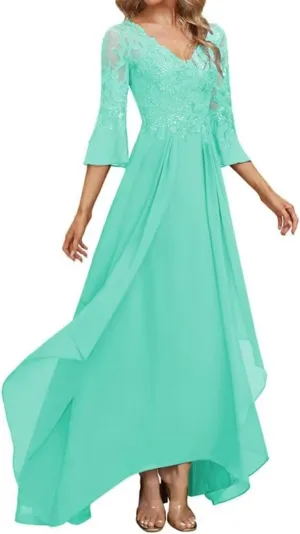 Lace Sequin Mother of The Bride Dress Chiffon Evening Dress Long Mother of The Groom Dresses with Bell Sleeves MK46