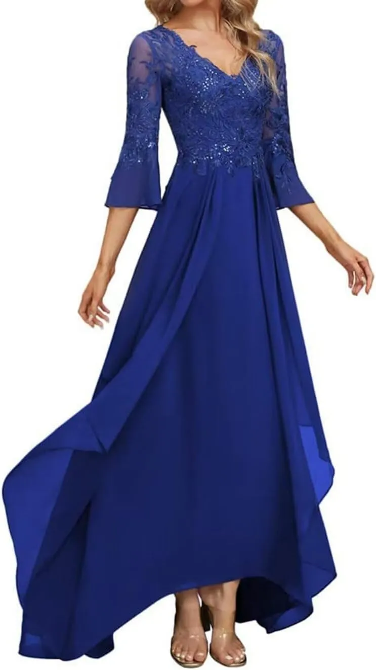 Lace Sequin Mother of The Bride Dress Chiffon Evening Dress Long Mother of The Groom Dresses with Bell Sleeves MK46