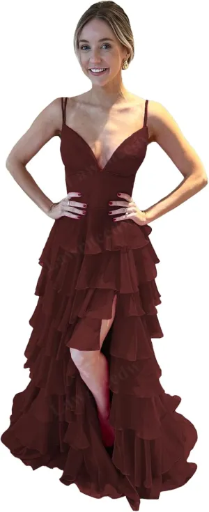 Lawrncedw Tiered Chiffon Prom Dresses for Women Spaghetti Straps Ruffle Formal Gowns V Neck Bridesmaid Dresses with Slit