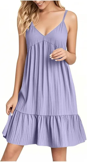 LEMONONSTORE Summer Spaghetti Strap Pleated Sundress for Women Sexy V Neck Swing A Line Dresses Loose Casual Beach Mini Dress