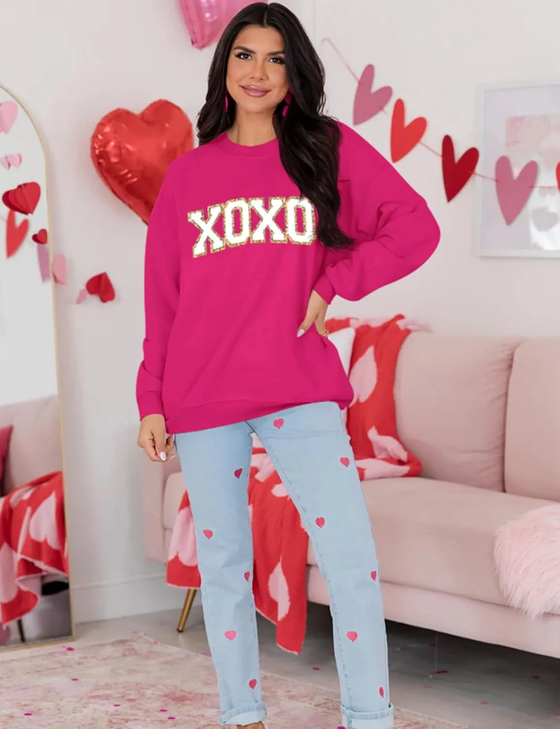 LETSEE Womens Valentine Crewneck Sweatshirt Letter Chenille Patch Long Sleeve Pullover Tops Oversized Clothes