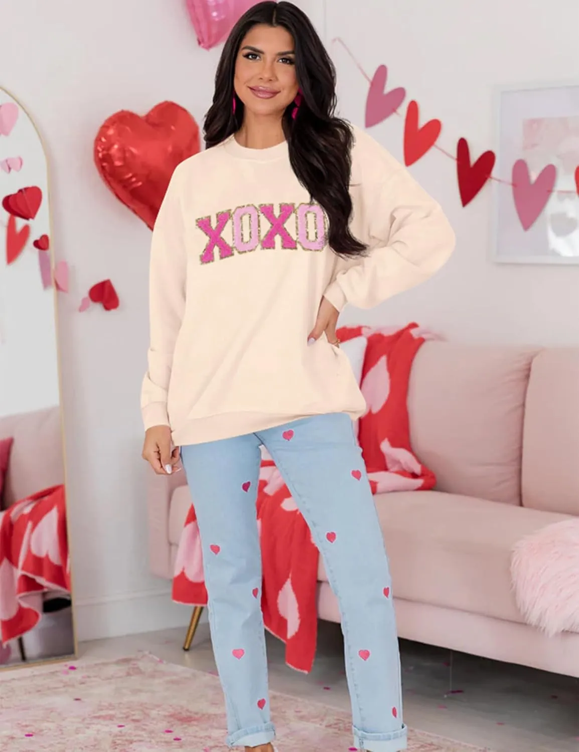 LETSEE Womens Valentine Crewneck Sweatshirt Letter Chenille Patch Long Sleeve Pullover Tops Oversized Clothes