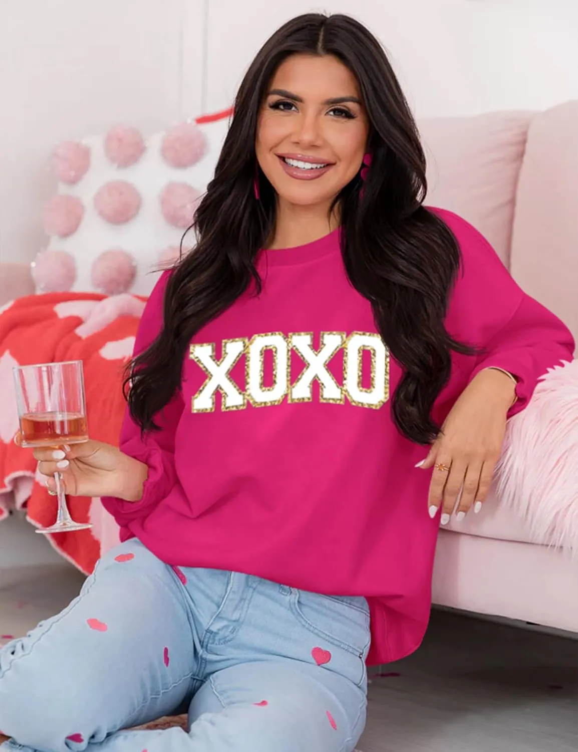LETSEE Womens Valentine Crewneck Sweatshirt Letter Chenille Patch Long Sleeve Pullover Tops Oversized Clothes