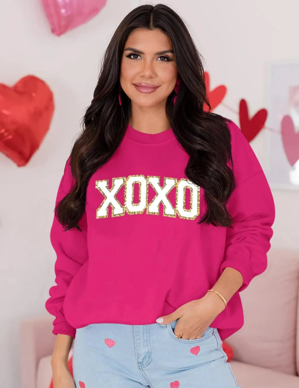 LETSEE Womens Valentine Crewneck Sweatshirt Letter Chenille Patch Long Sleeve Pullover Tops Oversized Clothes