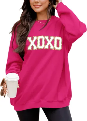 LETSEE Womens Valentine Crewneck Sweatshirt Letter Chenille Patch Long Sleeve Pullover Tops Oversized Clothes