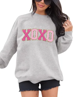 LETSEE Womens Valentine Crewneck Sweatshirt Letter Chenille Patch Long Sleeve Pullover Tops Oversized Clothes