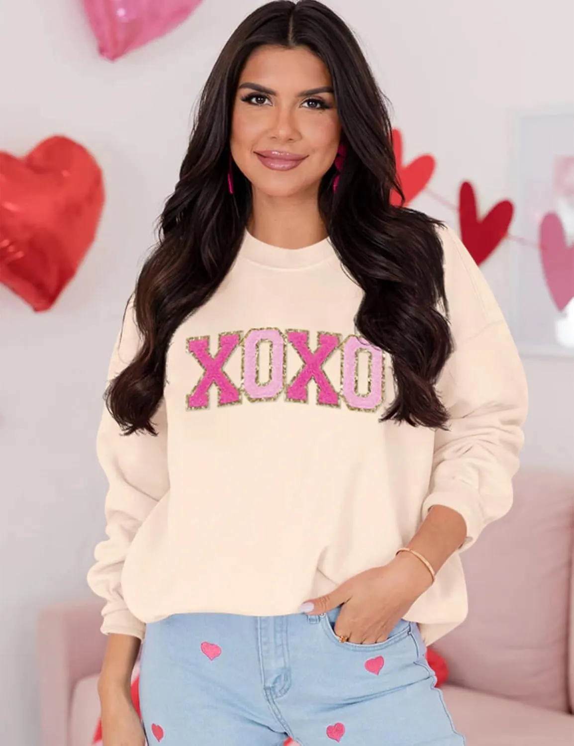 LETSEE Womens Valentine Crewneck Sweatshirt Letter Chenille Patch Long Sleeve Pullover Tops Oversized Clothes