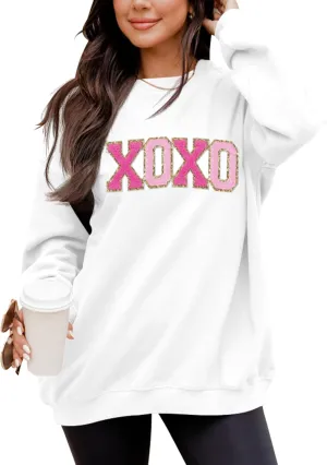 LETSEE Womens Valentine Crewneck Sweatshirt Letter Chenille Patch Long Sleeve Pullover Tops Oversized Clothes