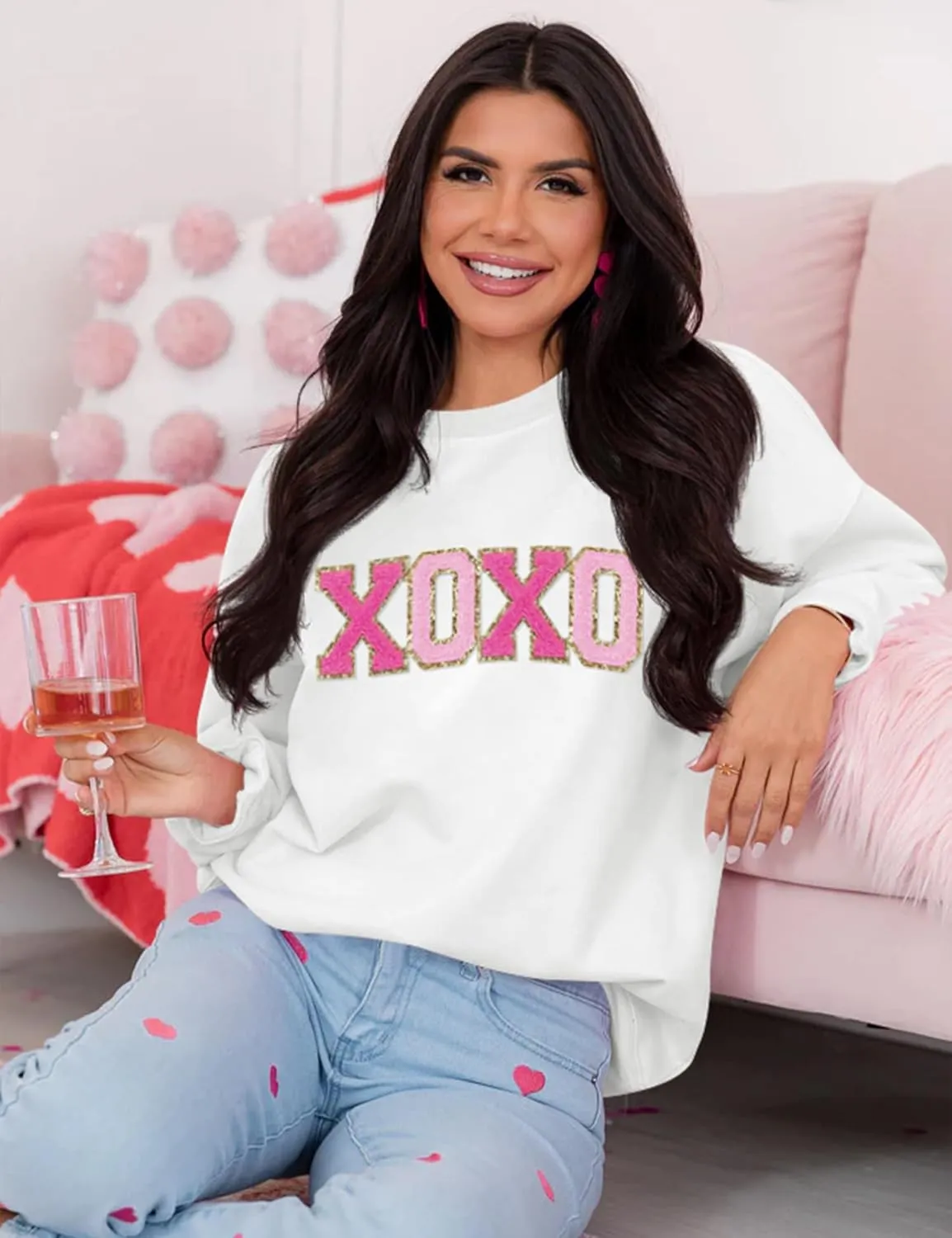 LETSEE Womens Valentine Crewneck Sweatshirt Letter Chenille Patch Long Sleeve Pullover Tops Oversized Clothes